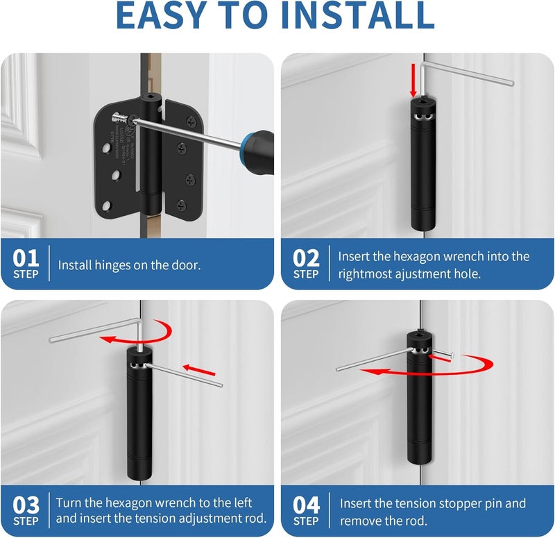 IOQ 4 Inch Self Closing Door Hinges, 5/8" Radius Corners Spring Loaded Hinges for Exterior, Garage, Front and Back Door, UL Listed, for Left and Right Hand Door, Matte Black, 2 Pack - Image 5